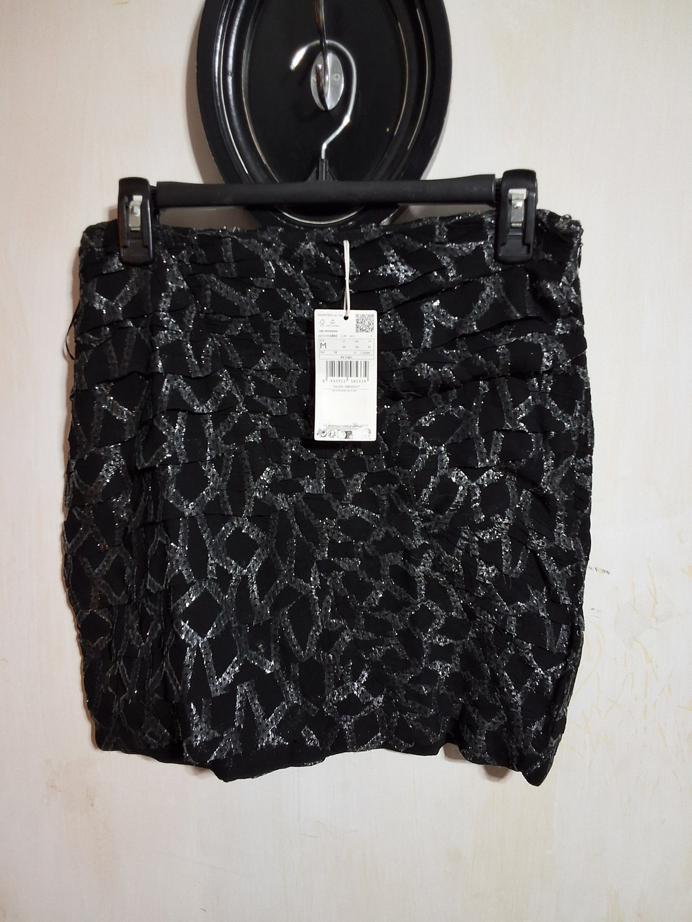 Mango Black Mini Skirt with Silver Metallic Pattern
